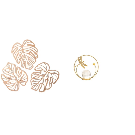 Kuntesetty Tropical Palm Crystal Leaves Metal Sculpture Wooden Wall Art Ornament Creative Jungle Decor for Bedroom Living Room Hallway Office