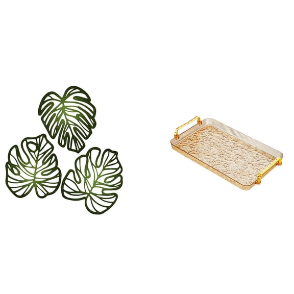 Kuntesetty Tropical Palm Leaf Wood Wall Art and Decorative Tray Set for Bedroom Bathroom Dining Room Creative Jungle Home Decor Storage