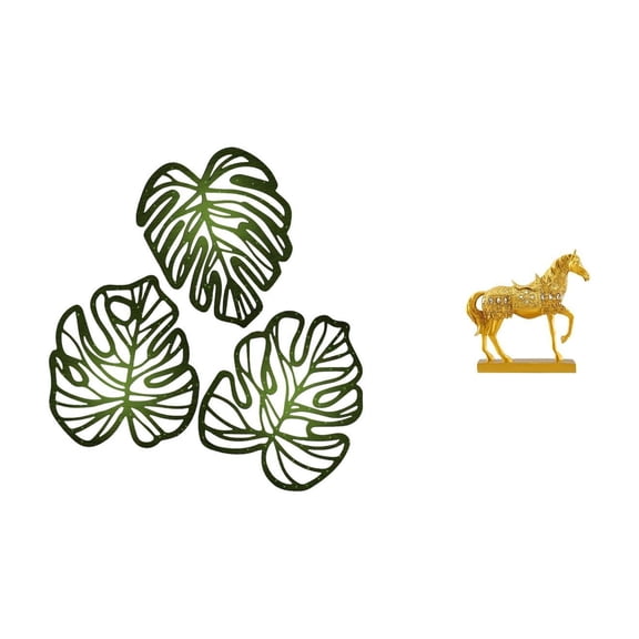 Kuntesetty Tropical Palm Leaves Wood Wall Art with Horse Figurine Sculpture Creative Jungle Decor for Bedroom Bathroom TV Background Home Office