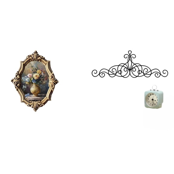 Kuntesetty Vintage Resin Photo Frame and Floral Metal Scroll Wall Art Decor for Office Bedroom Gallery Patio Indoor Outdoor Porch Fence