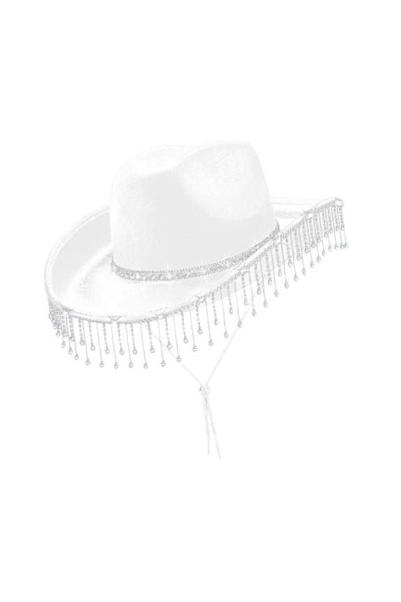Women Cowboy Hat Adults Casual with Rhinestone Fringe Fashion Sun Protection Hat White