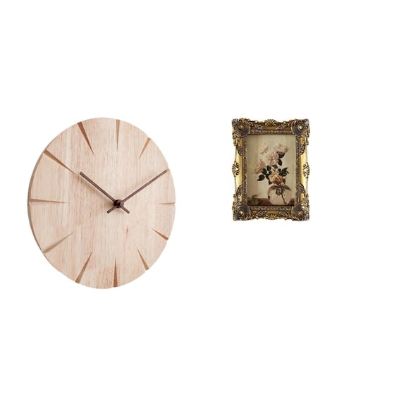 Kuntesetty Wood Wall Clock Creative Design Decorative Silent Clock for Restaurant Office with Ornate Vintage Resin Photo Frame Display Ornament for Tabletop Hallway Wedding Decoration
