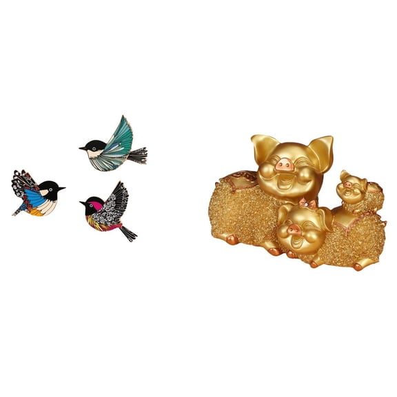 Kuntesetty Wooden Bird and Lucky Pig Figurine Wall Art Modern Animal Sculpture for Garden Study Room Farmhouse Bookshelf Entrance Decor