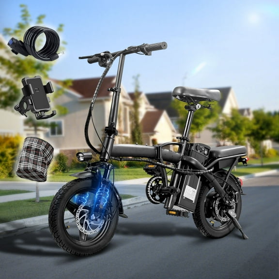Kunyun 48V 400W Adult Electric Bikes,14" Tires, 19-22mi Range, Dual Disc Brakes, Adjustable Seat, Folding Design, with Foldable Basket Lock.