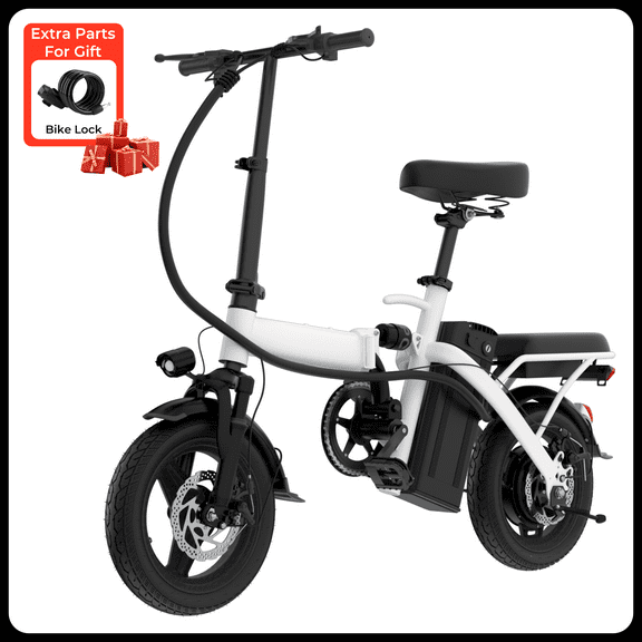 Kunyun 48V 400W Adult Electric Bikes,14" Tires, 20mph, 19-22mi Range, Dual Disc Brakes, Adjustable Seat, Removable Basket, Folding Design white