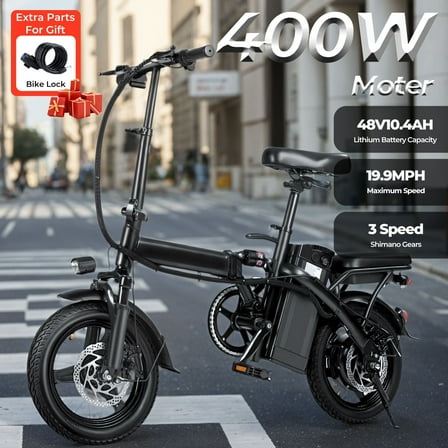 Kunyun 48V 400W Electric Bikes,14" Tires, 20mph, 19-22mi Range, Dual Disc Brakes, Adjustable Seat, Removable Basket, Folding Design.Black