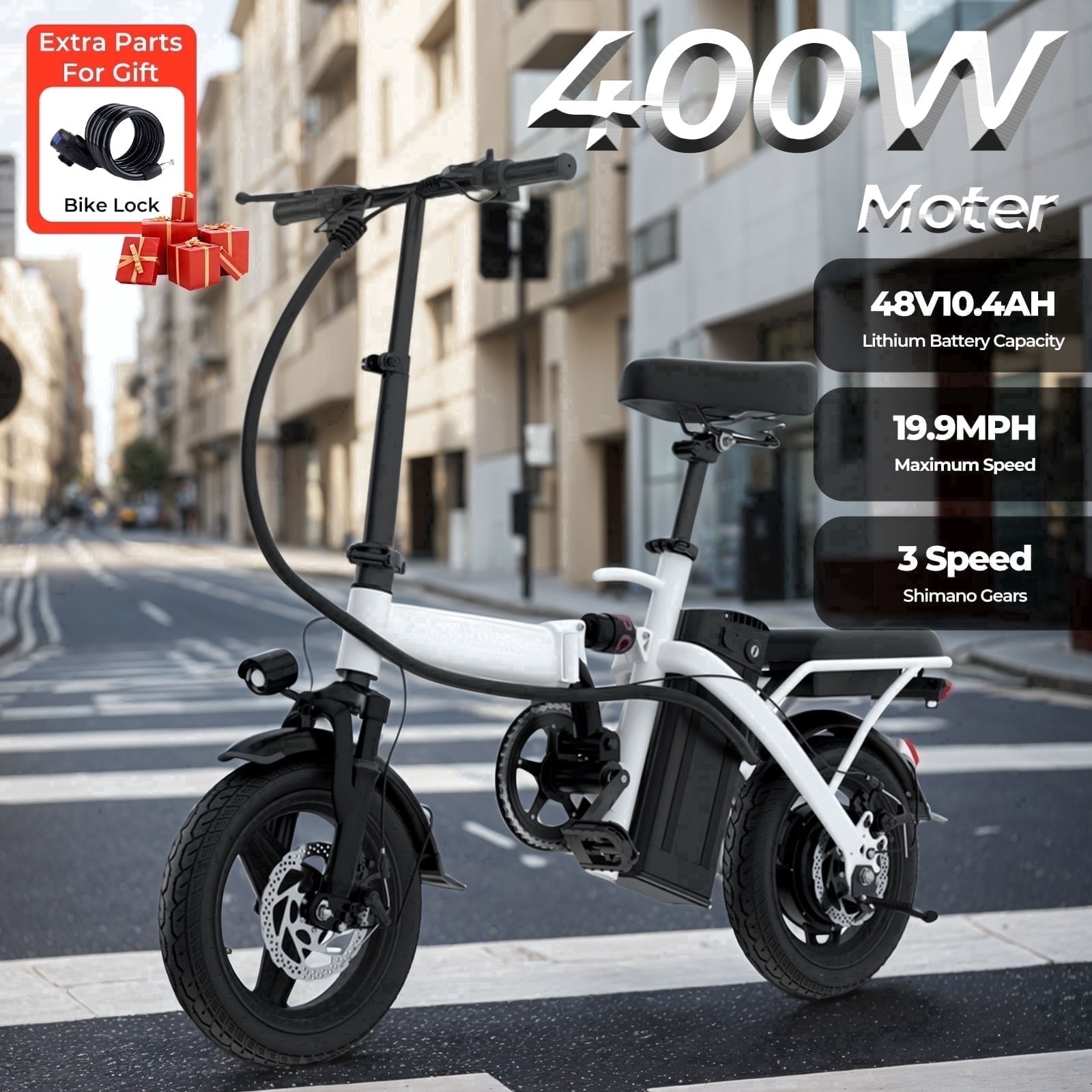 Kunyun 48V 400W Electric Bikes,14" Tires, 20mph, 19-22mi Range, Dual Disc Brakes, Adjustable Seat, Removable Basket, Folding Design.White