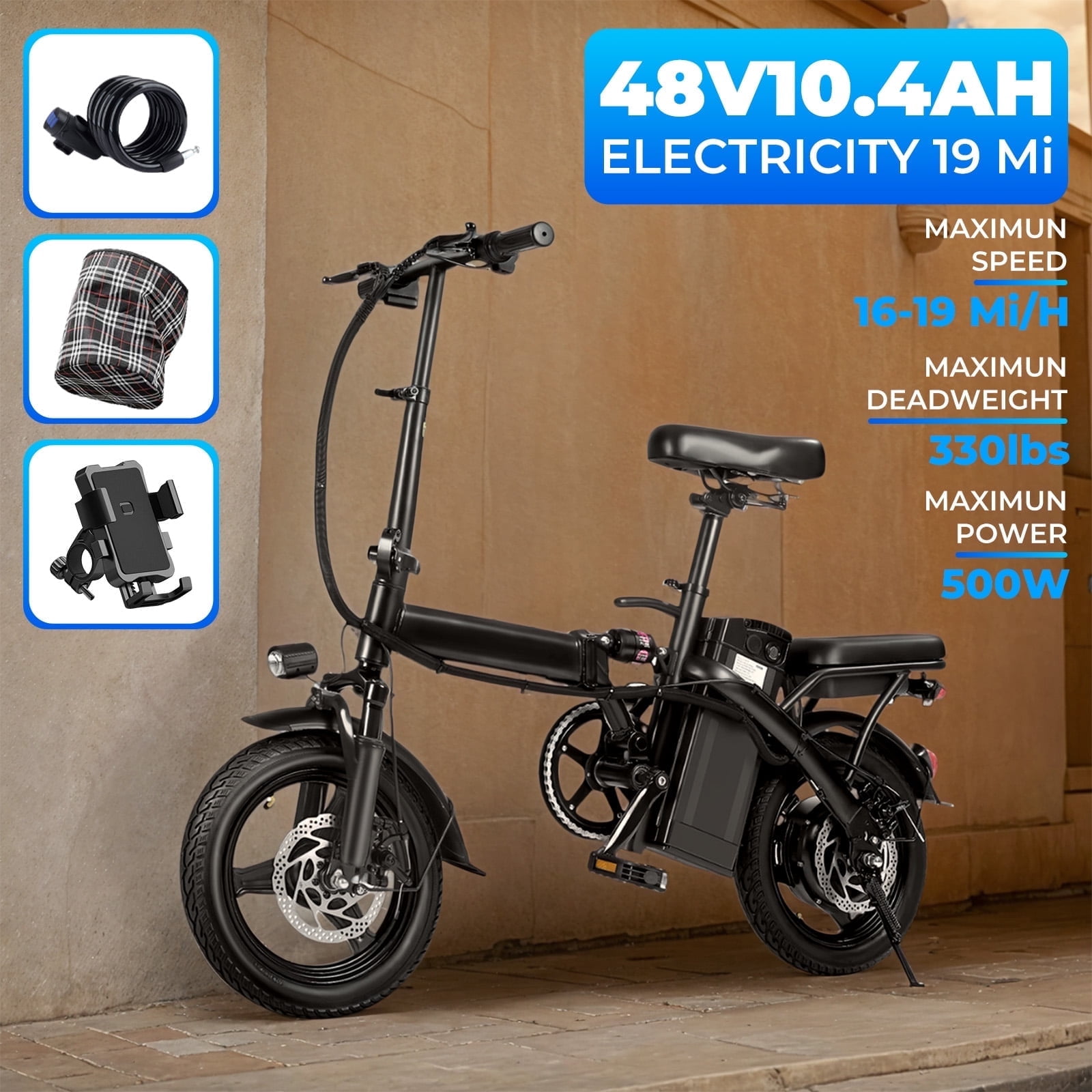Rexei Yeki 48V 500W Electric Bikes,14" Tires, 20mph, 19-22mi Range, Dual Disc Brakes, Adjustable Seat, Removable Basket, Folding Design.