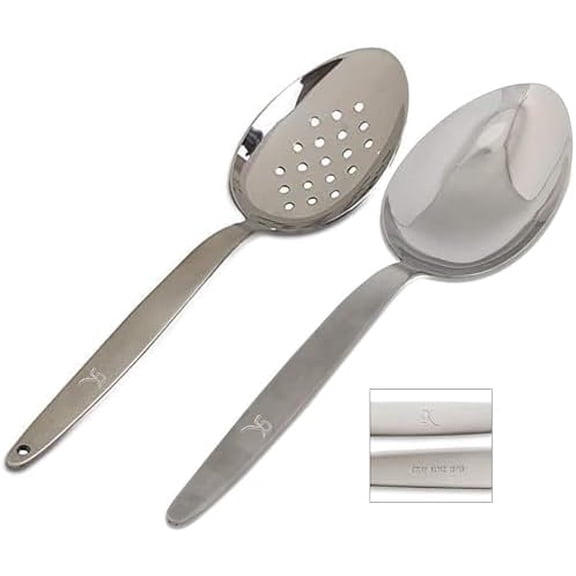 Kunz Perforated and Regular Set | Pack of 2 | 9 Inch 18/10 Stainless Steel Cooking Serving Spoon | Daily Chef, Basting, Quenelle, Saucing, Plating Spoon | Dishwasher safe