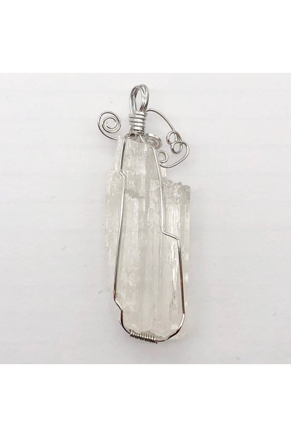 Kunzite Wire-Wrap Clear Crystal Sterling Silver Pendant | 2 1/4 Inch Long |