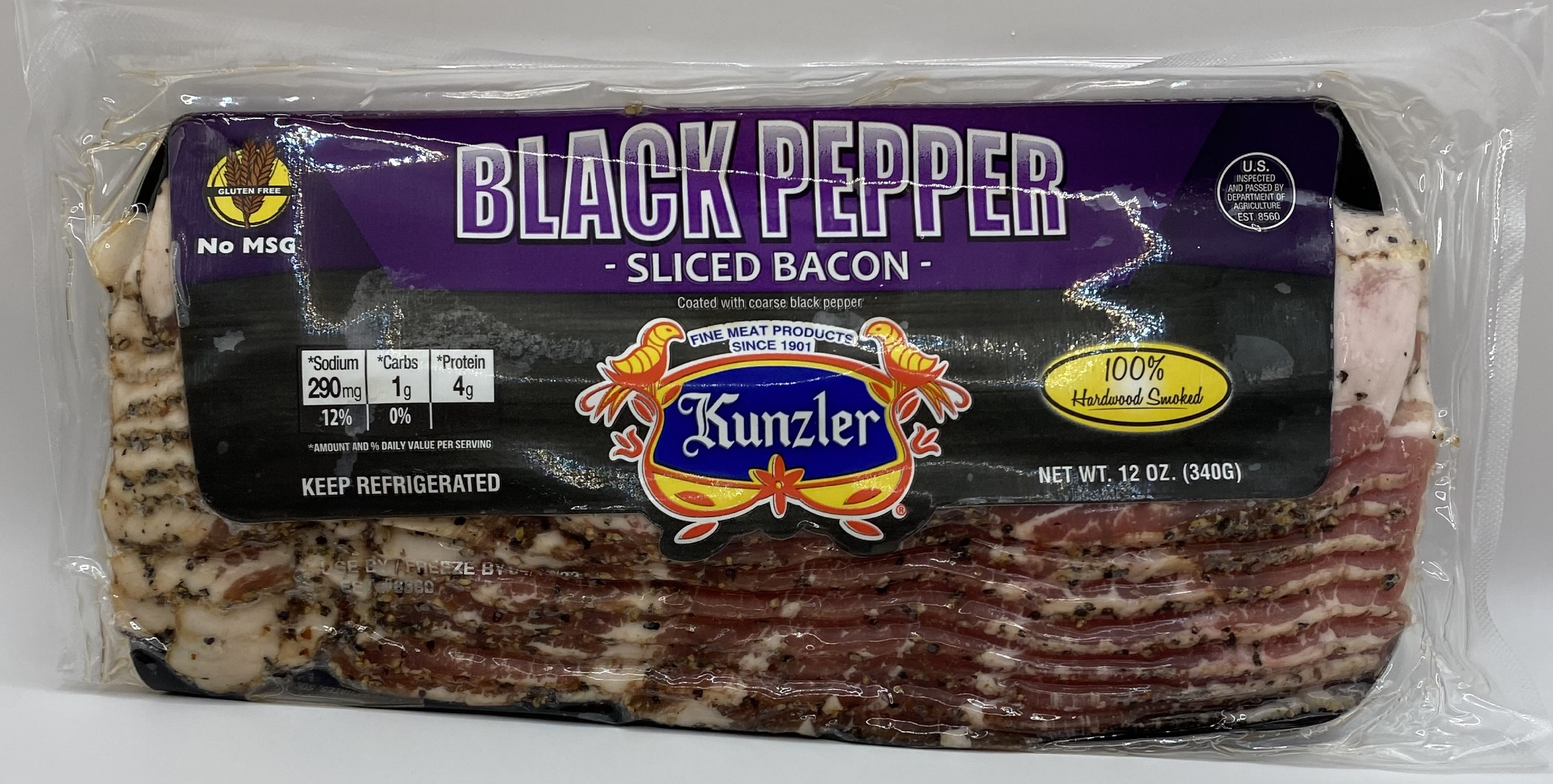 Kunzler Black Pepper Sliced Pork Bacon, 12 oz, 12 14 Slices, Packed