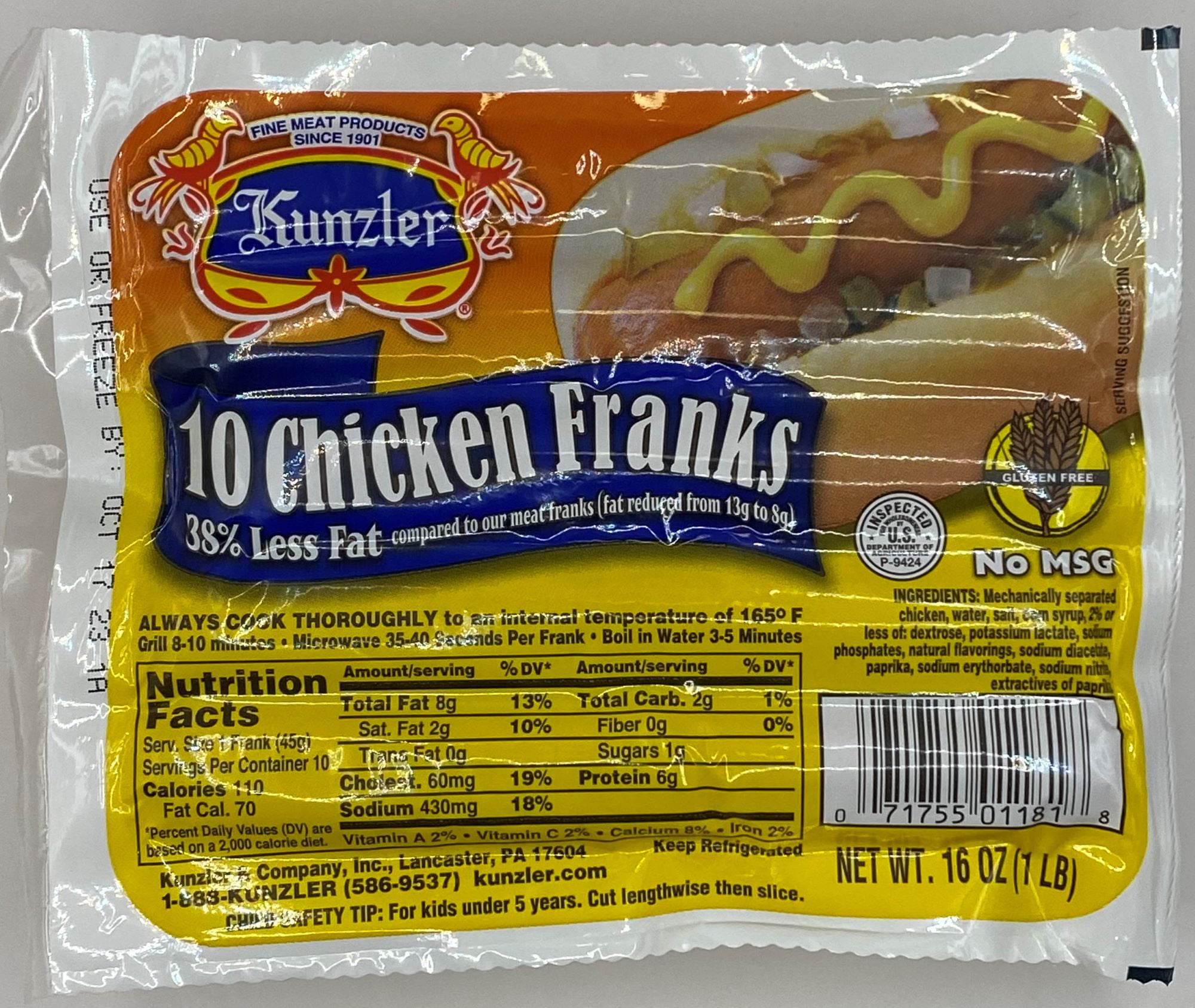 Kunzler Chicken Franks, 10/1, 16 oz., Cryovac Film Bags/Shrink Wrapped