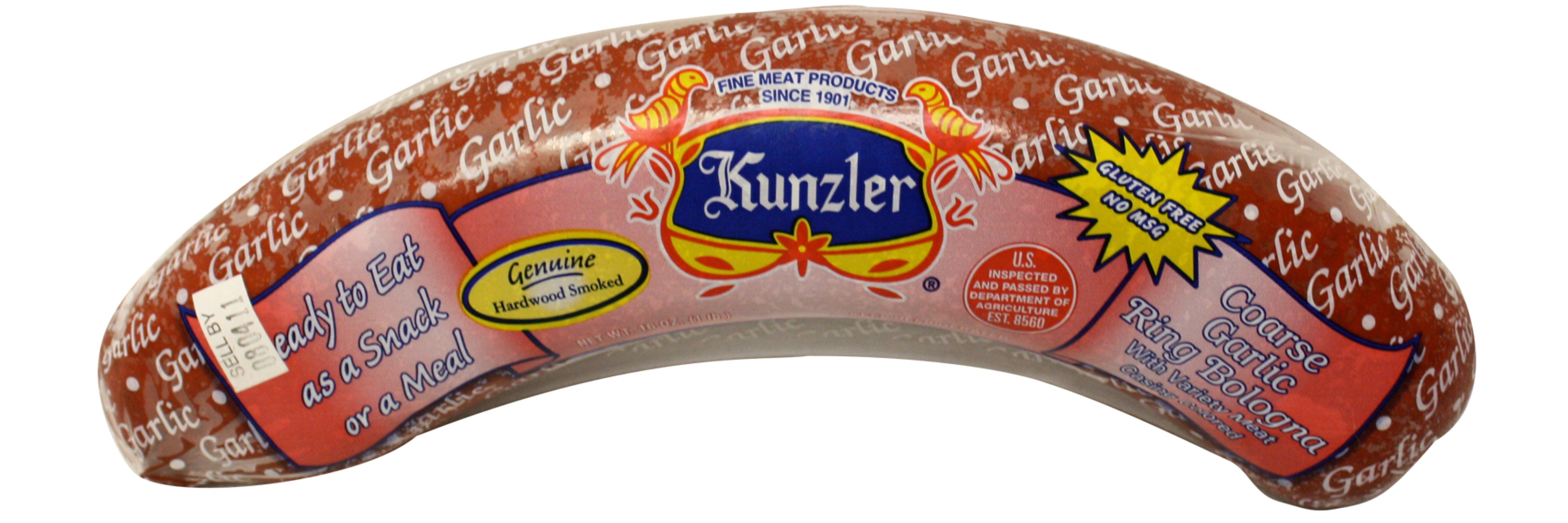 Kunzler Coarse Garlic Ring Bologna, Pork Based, 16oz, 8g of Protein