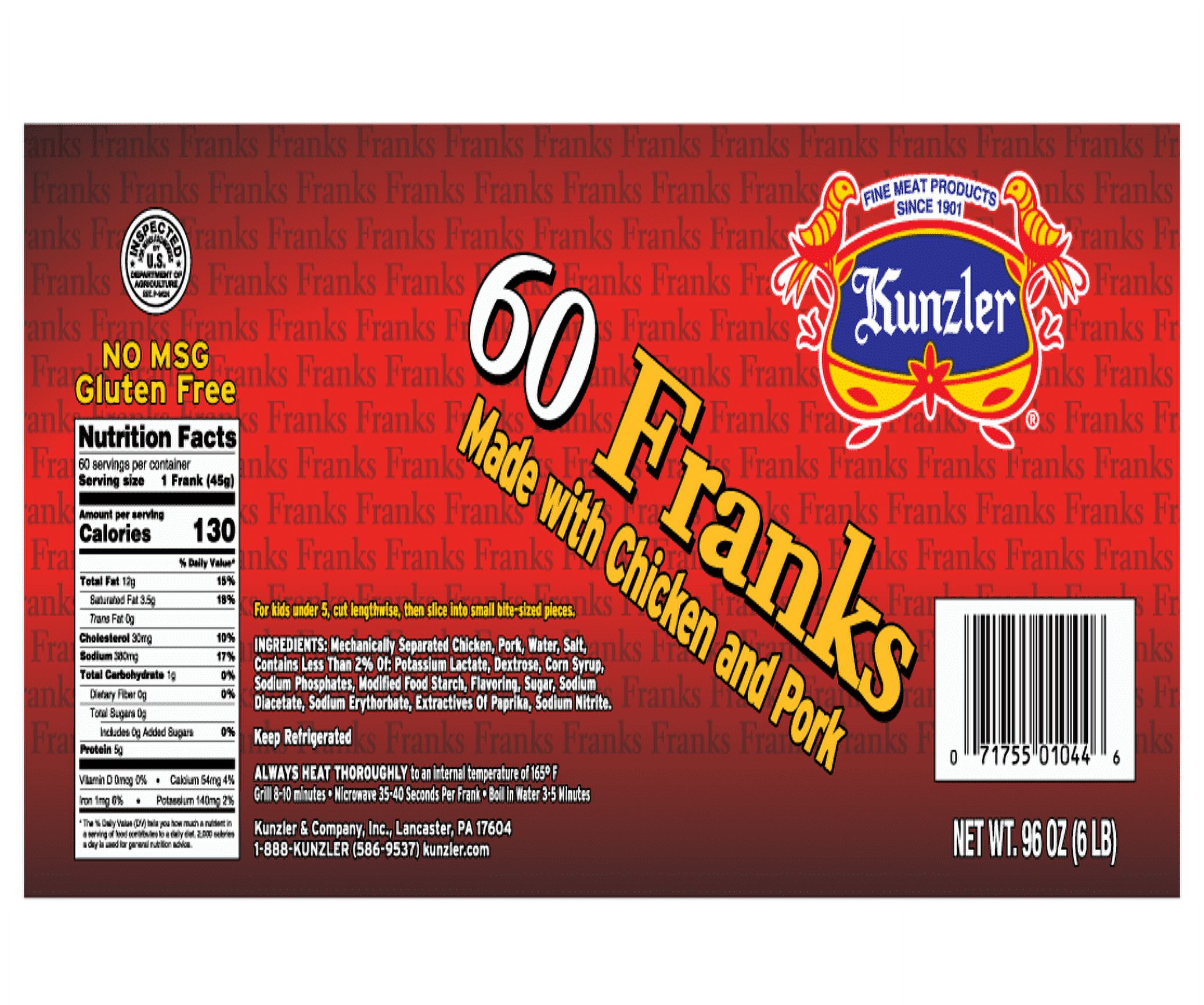 Kunzler Meat Hot Dogs 6 lb, Chicken and Pork, Cryovac Film Bag