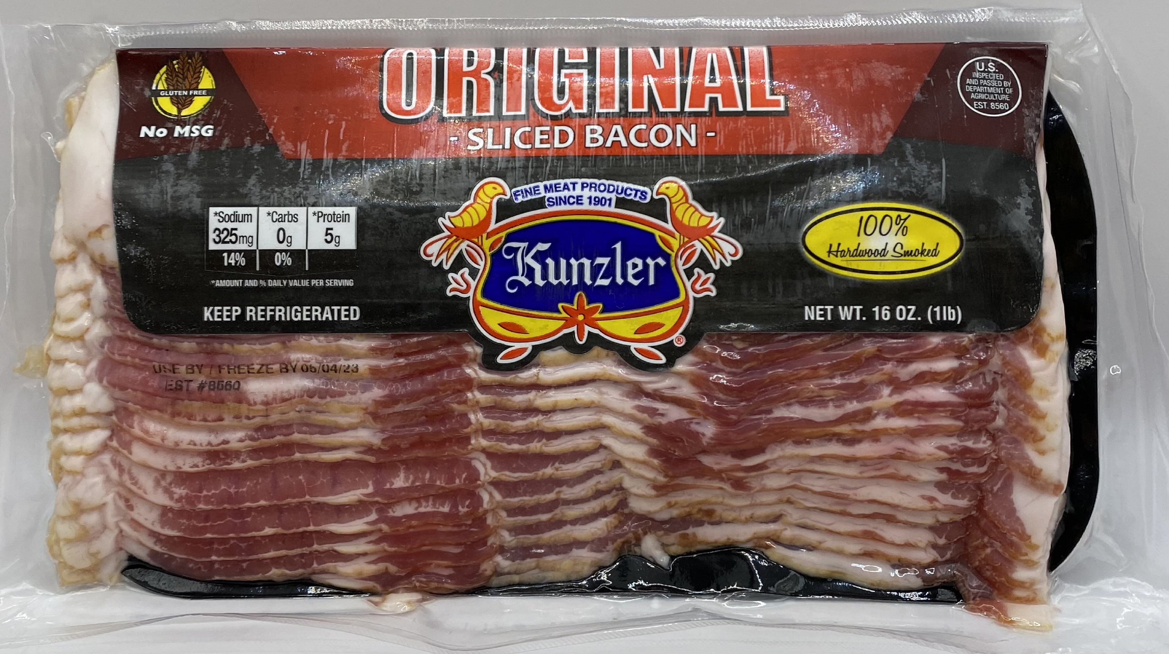 Kunzler Original Hardwood Smoked Sliced Bacon, Pork Bellies, 1 lb., 14