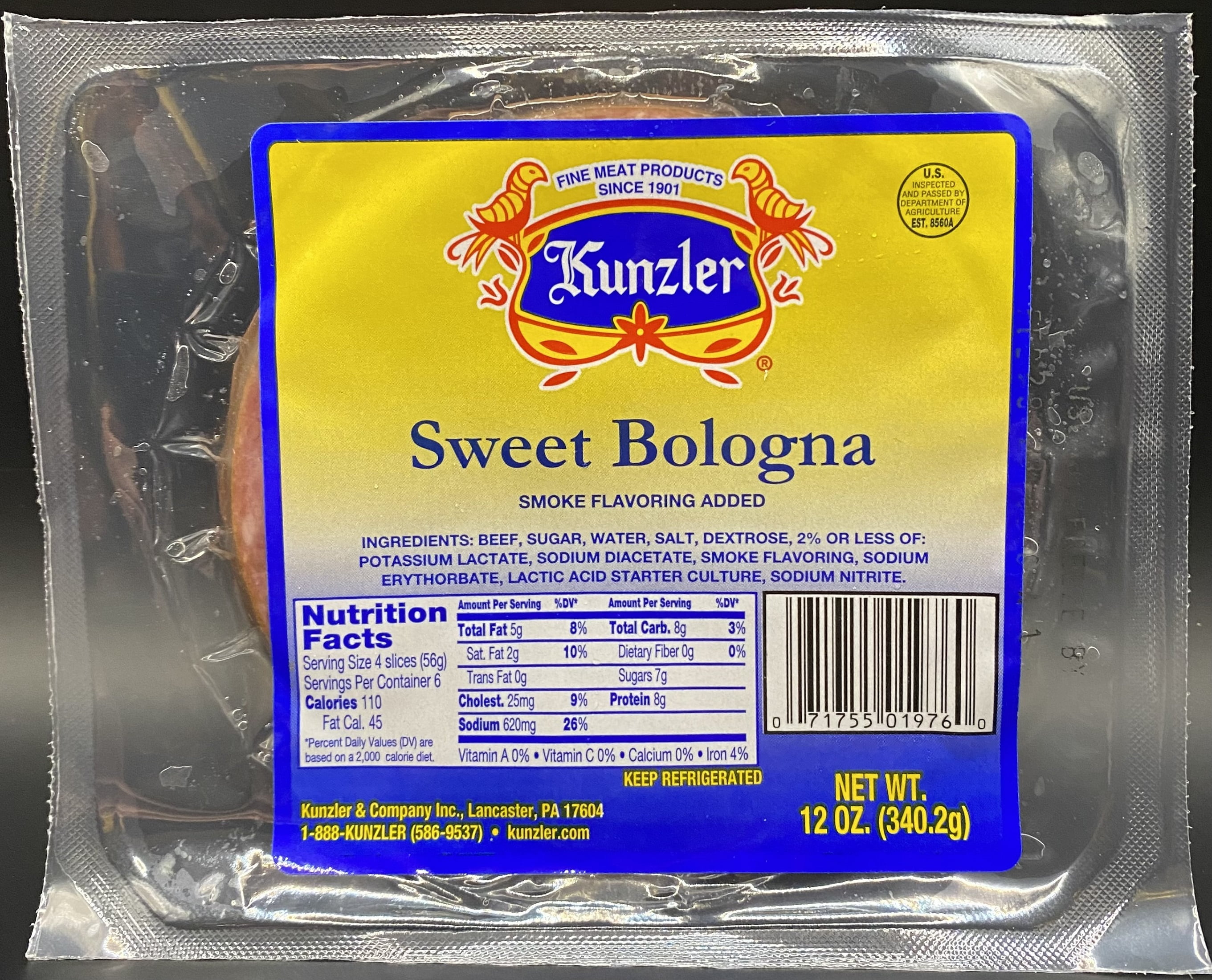 Kunzler Sliced Sweet Lebanon Bologna, Beef, 12 oz, 8 slices packed in a