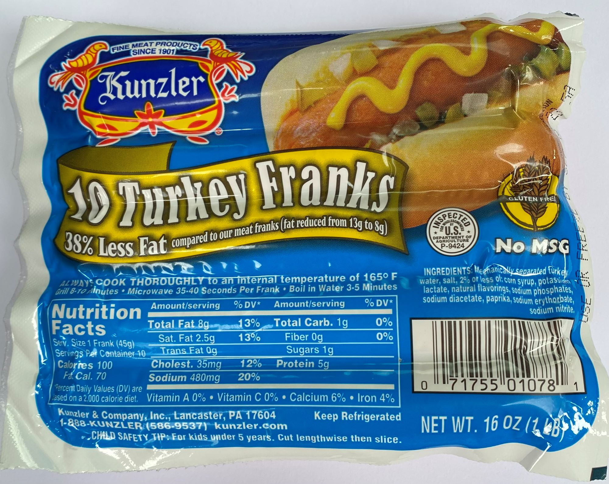 Kunzler Turkey Franks/Hot Dogs, 10 units, 16 oz, Vacuum Sealed Plastic