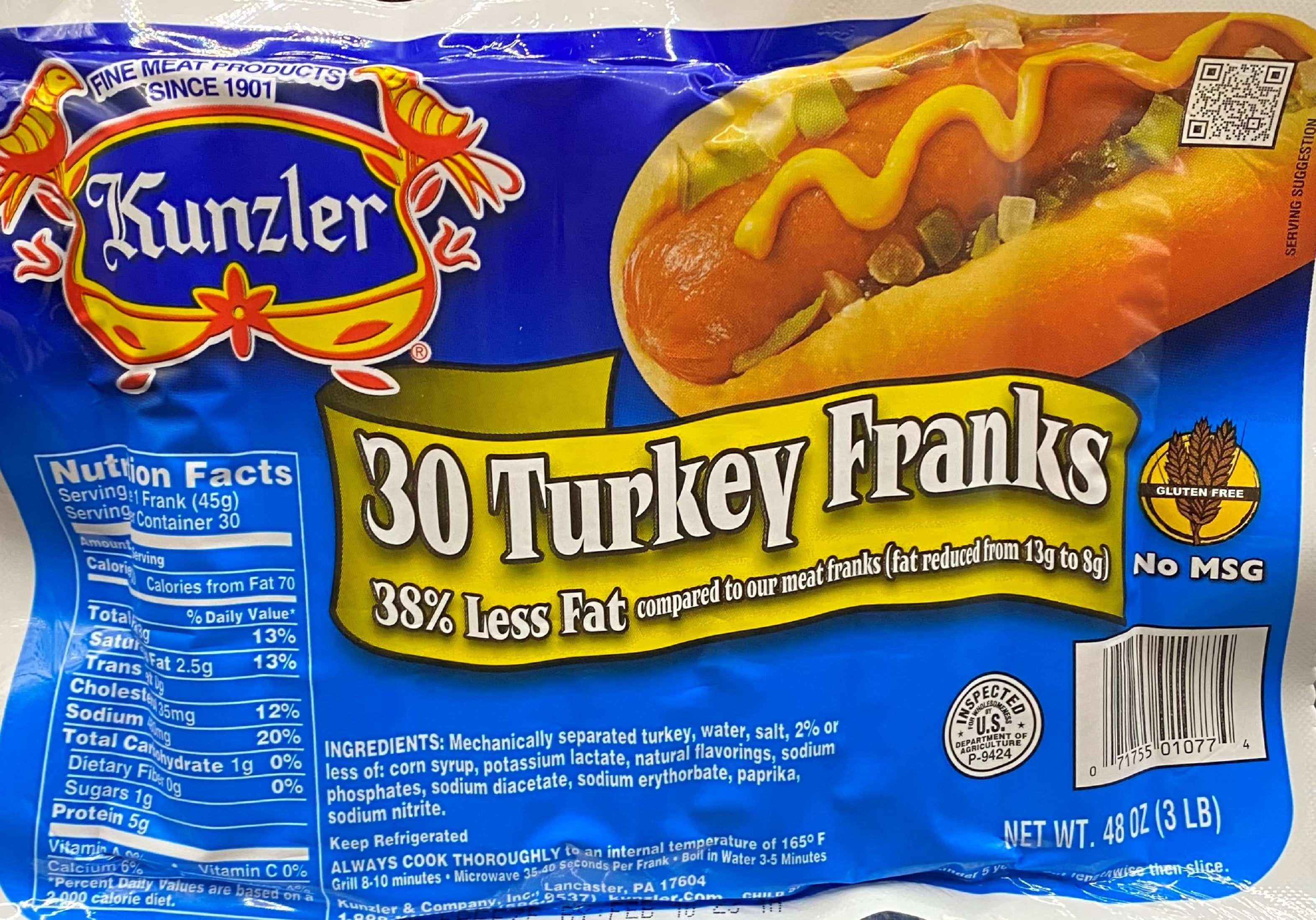 Kunzler Turkey Franks/Hot Dogs, 30 Pack, 48 oz, 5g of Protein per unit