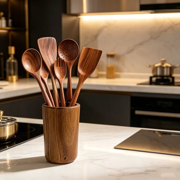 KuoKaa 6-Piece Wooden Kitchen Utensils Set, Wooden Spoons for Cooking with Thumb Rest, Ergonomic Curved Handle, Smooth Finish, Nonstick Safe, Gift Ready