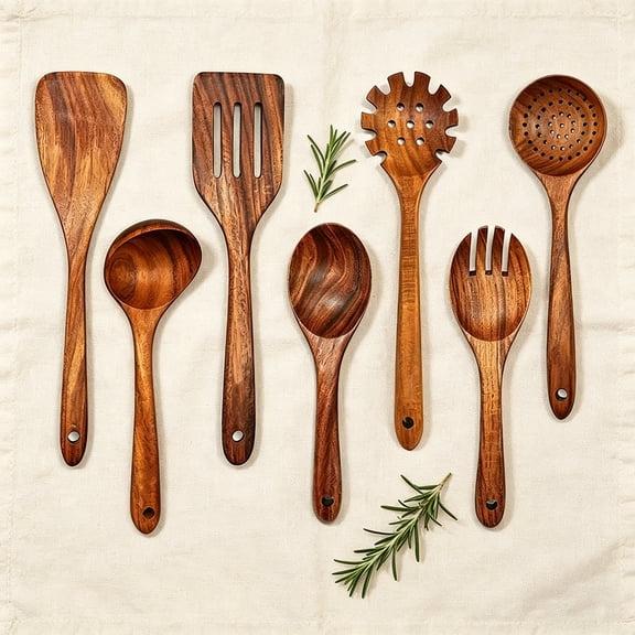 KuoKaa 7-Piece Wooden Kitchen Utensils Set, Wooden Spoons for Cooking with Thumb Rest, Ergonomic Curved Handle, Smooth Finish, Nonstick Safe, Gift Ready