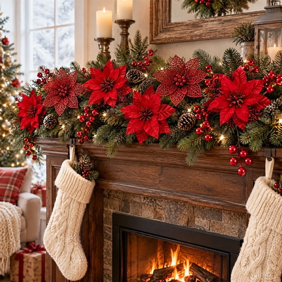 Red Fiower Kuokaa 18 Pack Red Poinsettia Christmas Tree Flowers, Artificial Flower ...