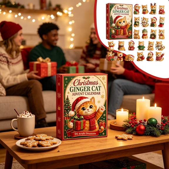 Kuokaa 2026 Animal Advent Calendar, 24 Acrylic Mini Figures in Themed Countdown Box for Seasonal Display (Cat - Ginger Christmas)