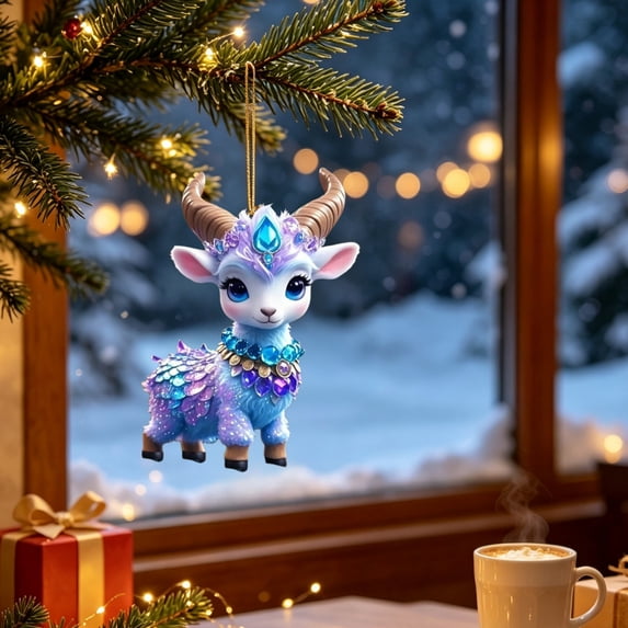 Kuokaa 2D Acrylic Christmas Animal Ornament with Hanging Cord, Flat Cutout Decoration for Tree and Garland Display (Winter Goat C)