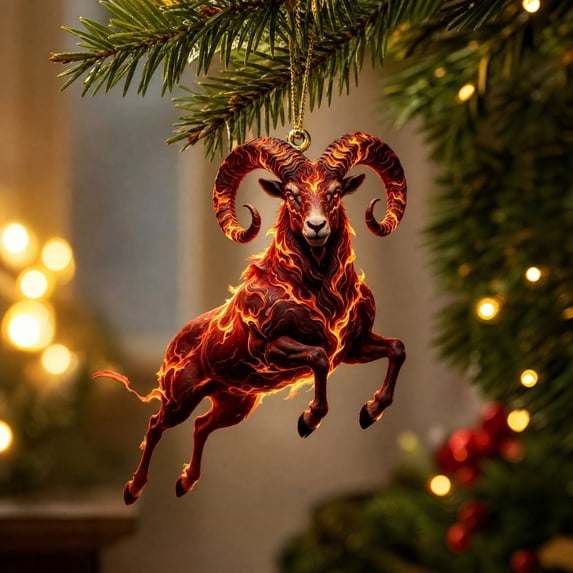 Kuokaa 2D Acrylic Christmas Animal Ornament with Hanging Cord, Flat Cutout Seasonal Decoration for Tree Garland and Branch Display (Ram)
