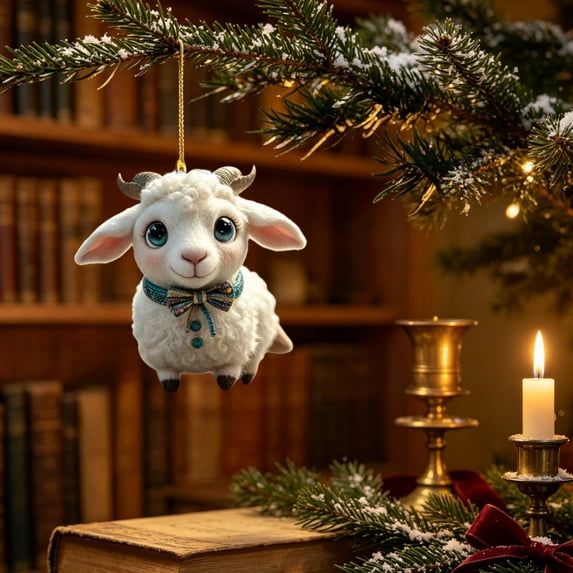 Kuokaa 2D Acrylic Christmas Animal Ornament with Hanging Cord, Flat Cutout Seasonal Decoration for Tree Garland and Branch Display (White Goat C)