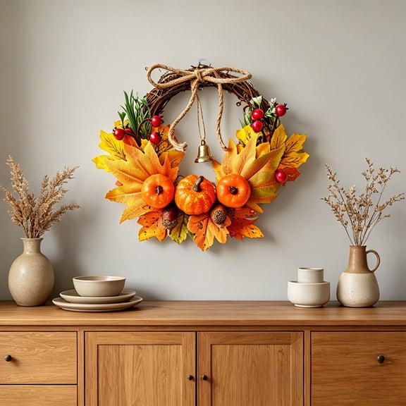 Kuokaa Artificial Fall Foliage Decoration with Maple Leaves Pumpkins and Seasonal Floral Accents, realistic autumn color with layered botanical texture (Autumn Wreath)