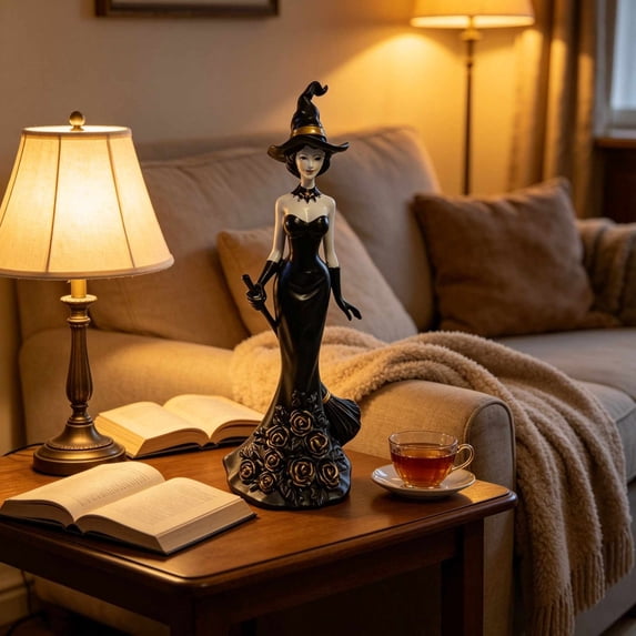 Kuokaa Black Witch Figurine in Resin with Tall Hat, Broom and Gold Rose Details, Halloween Tabletop Decor for Mantel and Shelf (Black Witch)
