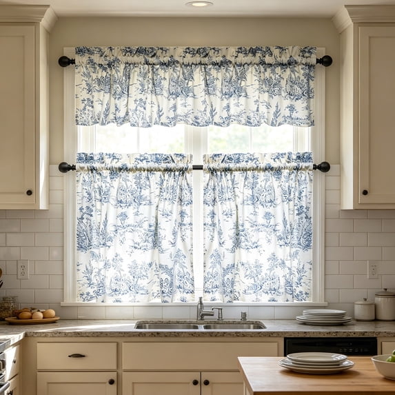 Kuokaa Blue Toile Kitchen Curtain with Scenic Botanical Print and Rod Pocket - Washable Polyester Cafe Window Treatment Bringing Vintage Detail above Sink or Breakfast Nook (3-Piece Set)