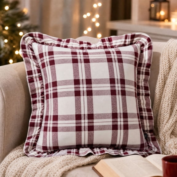 Kuokaa Burgundy Plaid Ruffle Christmas Throw Pillow with Insert, Decorative Checkered Cushion for Sofa Couch Chair Bed Farmhouse Holiday Home Decor, 17.72 x 17.72 in