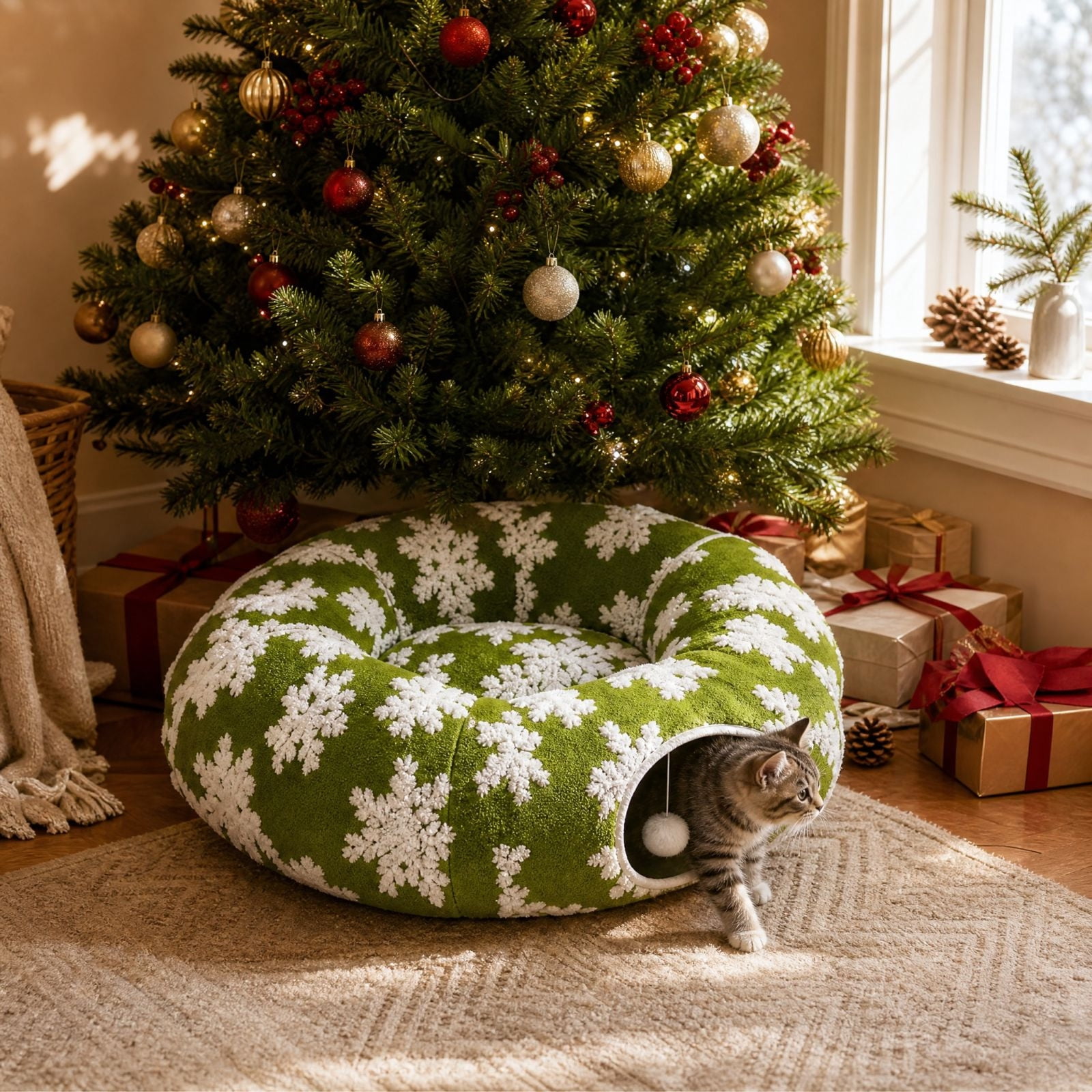 Kuokaa Cat Tunnel Christmas Tree Skirt, Green Snowflake Pattern ...