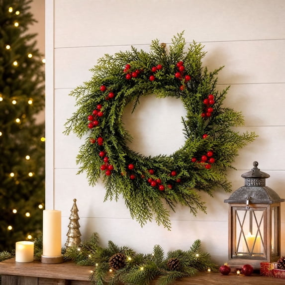 Kuokaa Christmas Berry Pine Wreath, 17.72 x 17.72 in Green Artificial Pine and Red Berry Door Wreath, Holiday Front Door Window Wall Fireplace Decor