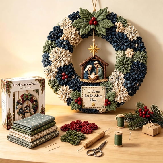 Kuokaa Christmas Fabric Wreath DIY Kit with Nativity Scene, Punch-Style Textile Pieces and Accessories for Finished Door and Wall Display
