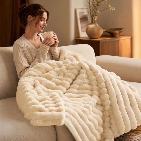 Kuokaa Chunky Ribbed Plush Flannel Fleece Throw Blanket, Thick Soft Warm Textured Striped Couch Bed Blanket for Bedroom Living Room Home Decor, Cream White, 59.06 x 78.74 in