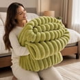 thumbnail image 1 of Kuokaa Chunky Ribbed Plush Flannel Fleece Throw Blanket, Thick Soft Warm Textured Striped Couch Bed Blanket for Bedroom Living Room Home Decor, Olive Green, 59.06 x 78.74 in, 1 of 6