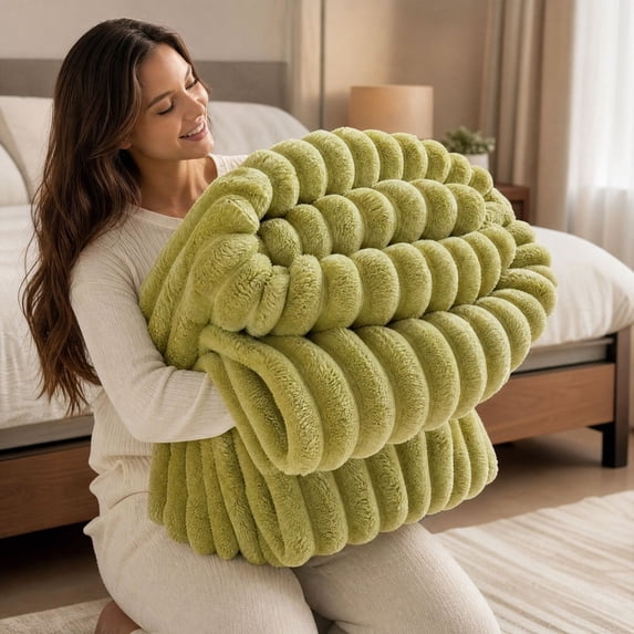 Kuokaa Chunky Ribbed Plush Flannel Fleece Throw Blanket, Thick Soft Warm Textured Striped Couch Bed Blanket for Bedroom Living Room Home Decor, Olive Green, 59.06 x 78.74 in