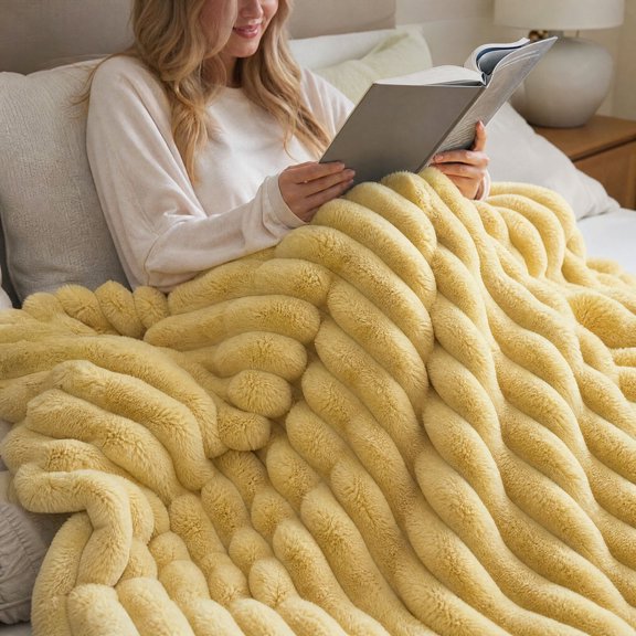 Kuokaa Chunky Ribbed Plush Flannel Fleece Throw Blanket, Thick Soft Warm Textured Striped Couch Bed Blanket for Bedroom Living Room Home Decor, Soft Yellow, 59.06 x 78.74 in