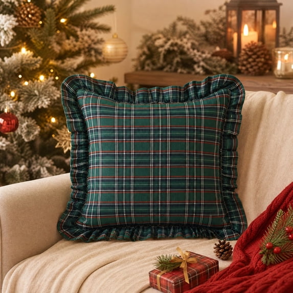 Kuokaa Dark Green Red Plaid Ruffle Pillow Cover, Christmas Checkered Throw Cushion Case for Sofa, Cover Only