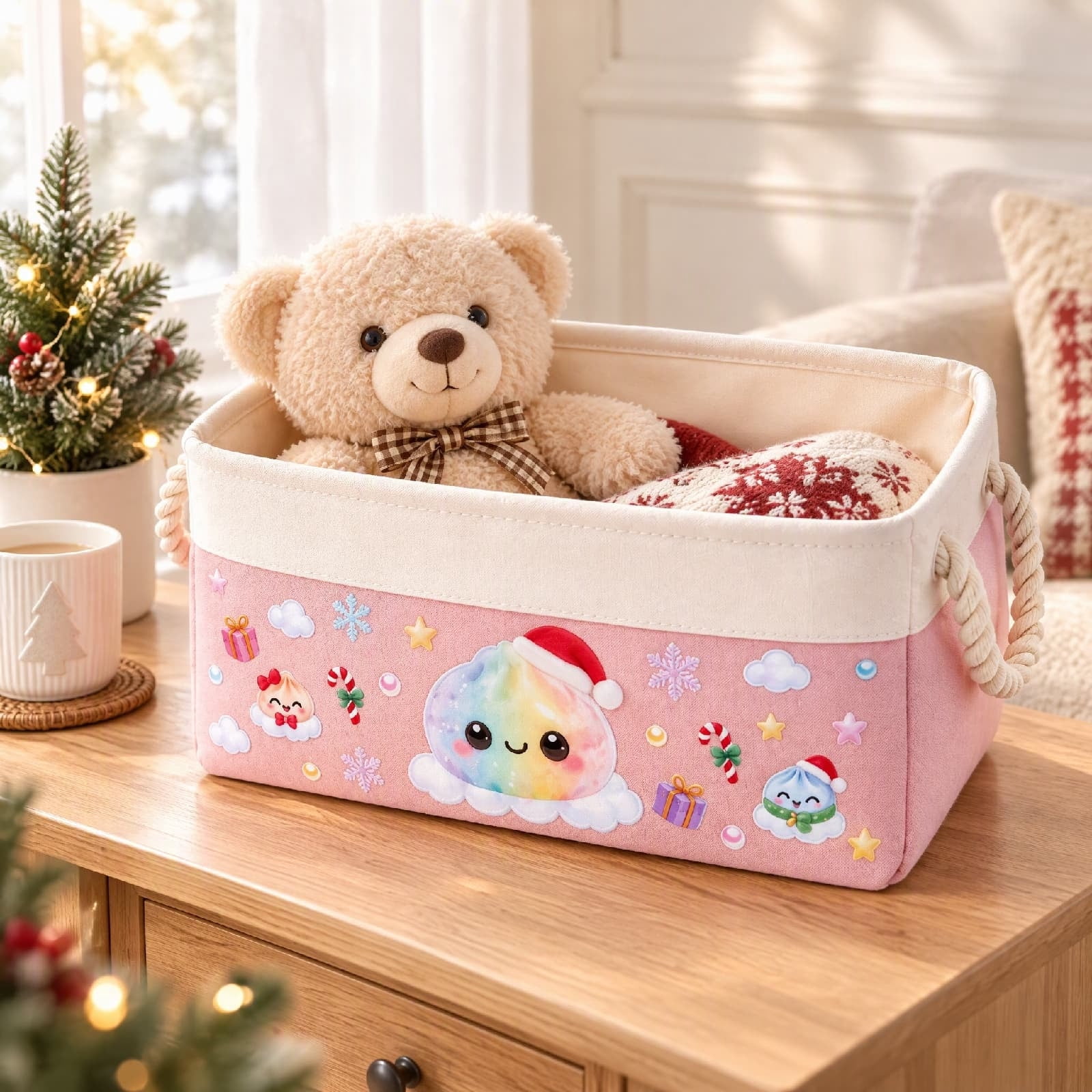 Bookbinding Rope Kuokaa Fabric Storage Basket, Pink Linen Organizer Bin with Rope ...
