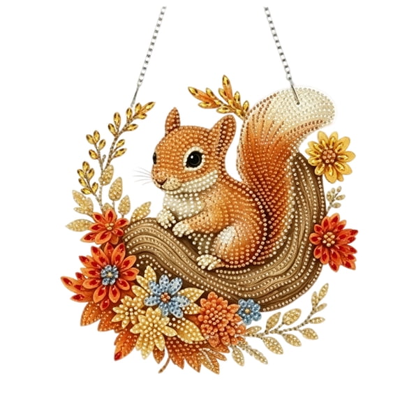 Kuokaa Fall Diamond Art Hanging Ornament Kit, DIY Autumn Gem Painting Suncatcher with Sparkling Plastic Gems, Printed Pattern and Hanging Cord, Window and Wall Decor (Squirrel)