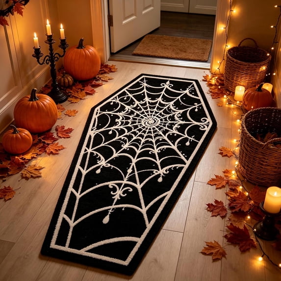 Kuokaa Halloween Coffin-Shaped Rug with Spiderweb Pattern and Soft Polyester Surface, Gothic Floor Mat bringing Dark Seasonal Style beside Bed Entryway Bathroom Vanity or Living Room (Black)