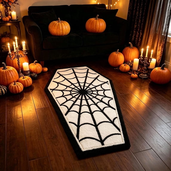 Kuokaa Halloween Coffin-Shaped Rug with Spiderweb Pattern and Soft Polyester Surface, Gothic Floor Mat bringing Dark Seasonal Style beside Bed Entryway Bathroom Vanity or Living Room (White)
