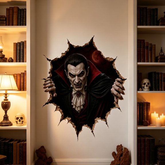 Kuokaa Halloween Horror Wall Decal, Torn Wall Effect Pumpkin Mummy Vampire Decoration for Wall Window Party Decor (Vampire)