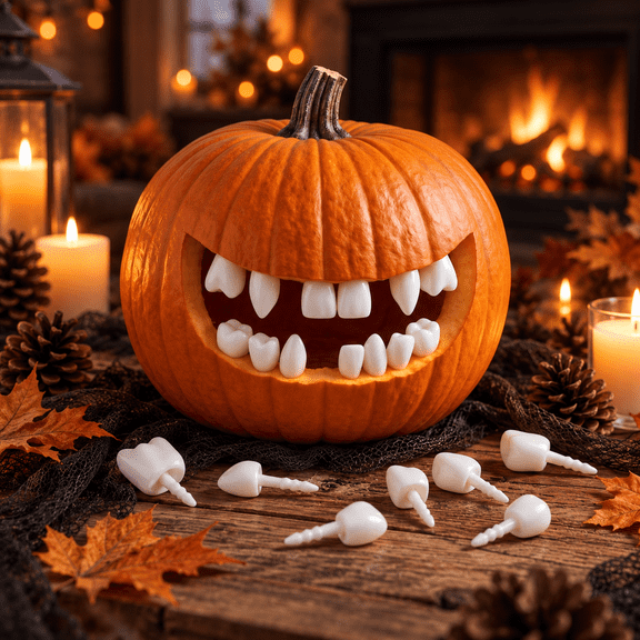 Kuokaa Halloween Pumpkin Teeth Decoration Set, Pumpkin Face Accessory Only, Halloween Prop Decoration, Reusable Design (26 Round Teeth)