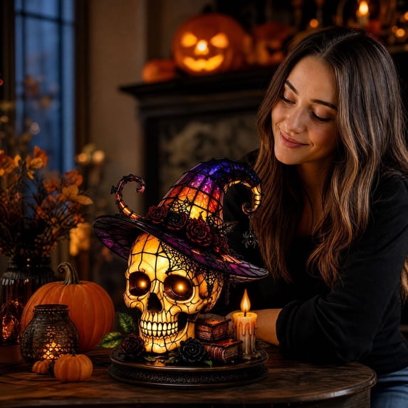 Kuokaa Halloween Witch Hat Night Light with Colorful Acrylic Display and Soft Decorative Glow, Small Seasonal Lamp adding Spooky Shape to Bedside Table Desk Mantel (Skull with Hat)