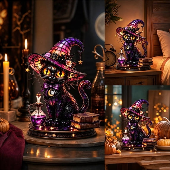 Kuokaa Halloween Witch Hat Night Light with Colorful Acrylic Display and Soft Decorative Glow, Small Seasonal Lamp adding Spooky Shape to Bedside Table Desk Mantel (Black Cat)