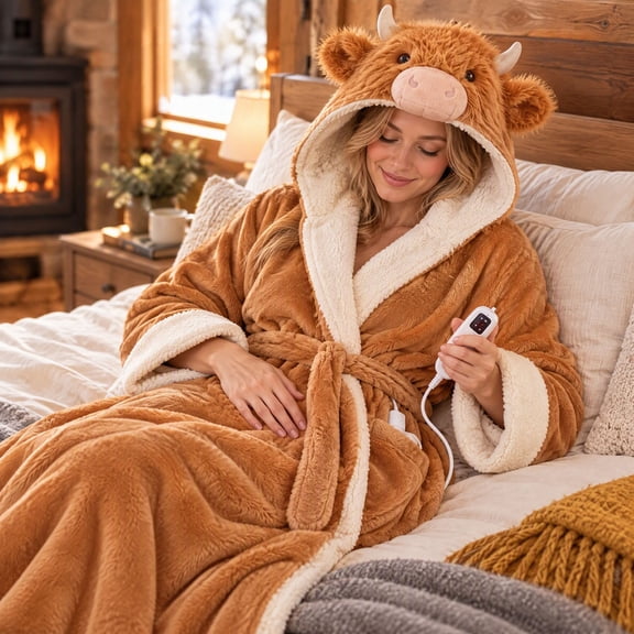 Kuokaa Heated Highland Cow Wearable Blanket Robe, Brown Oversized Wearable Throw with Plush Hood and Electric Heating Pad